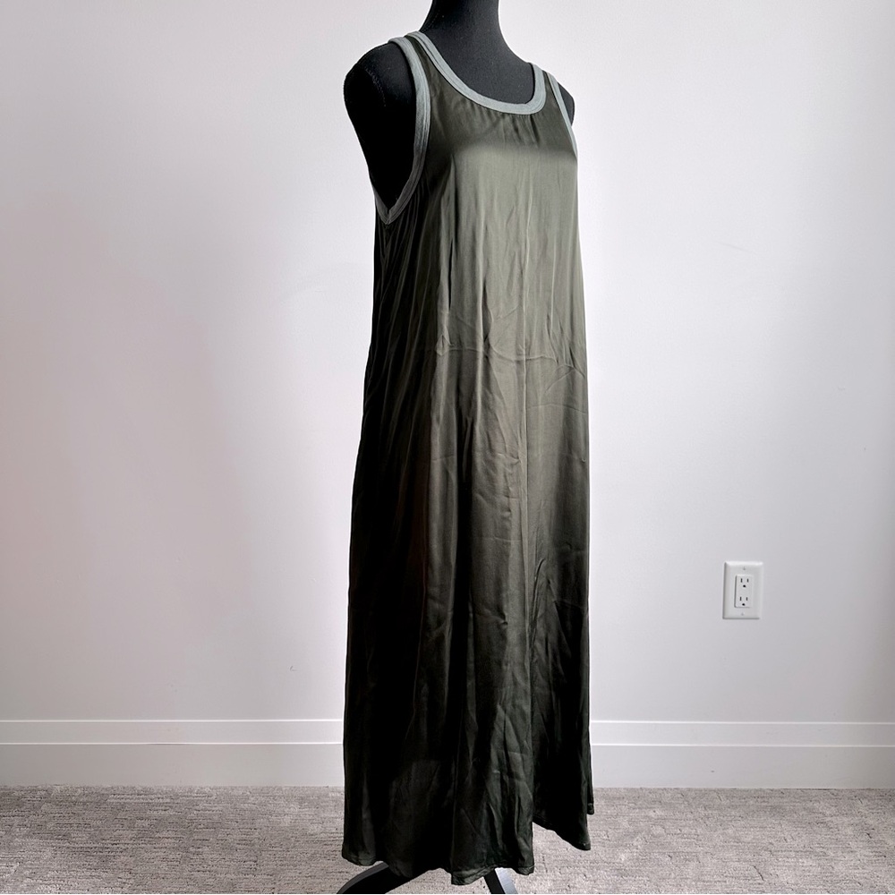 Sz M NATION LTD. L.A. Silky Tank Maxi Dress in Deep Muted Moss Green